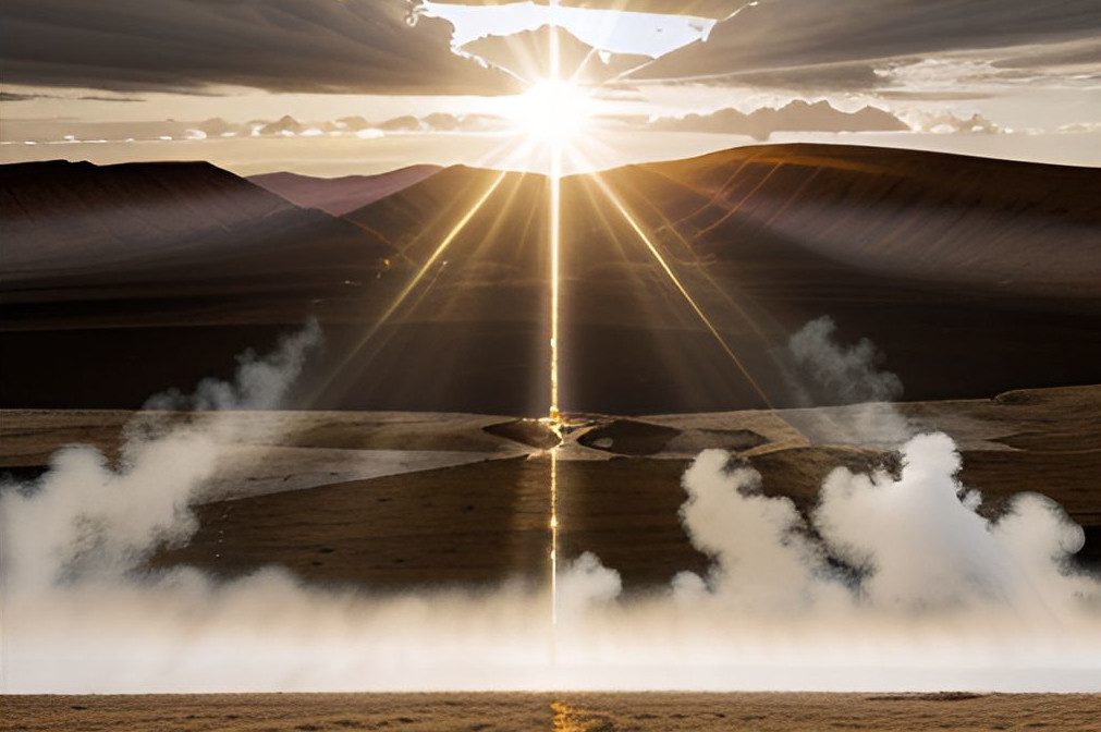 KI-generiertes Symbolbild: Geothermie-Dampf steigt aus dem Boden dahinter eine Vulkanlandschaft und die gleißende Sonne