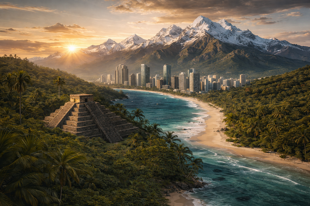 Eine fiktive Landschaft mit schneebedeckten Bergen, einem langen Sandstrand und tropischem Regenwald sowie Hochhäusern und einer mittelamerikanischen Pyramide.