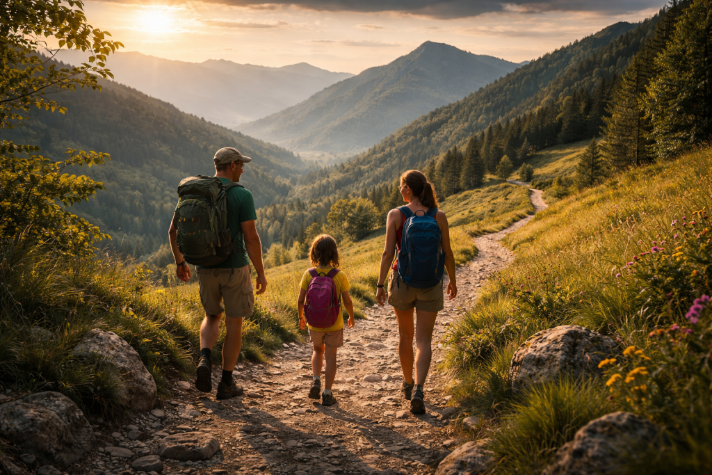 KI-generiert: Ein Paar mit Kind in der Mitte spaziert über einen unbefestigten Weg durch eine Mittelgebirgslandschaft